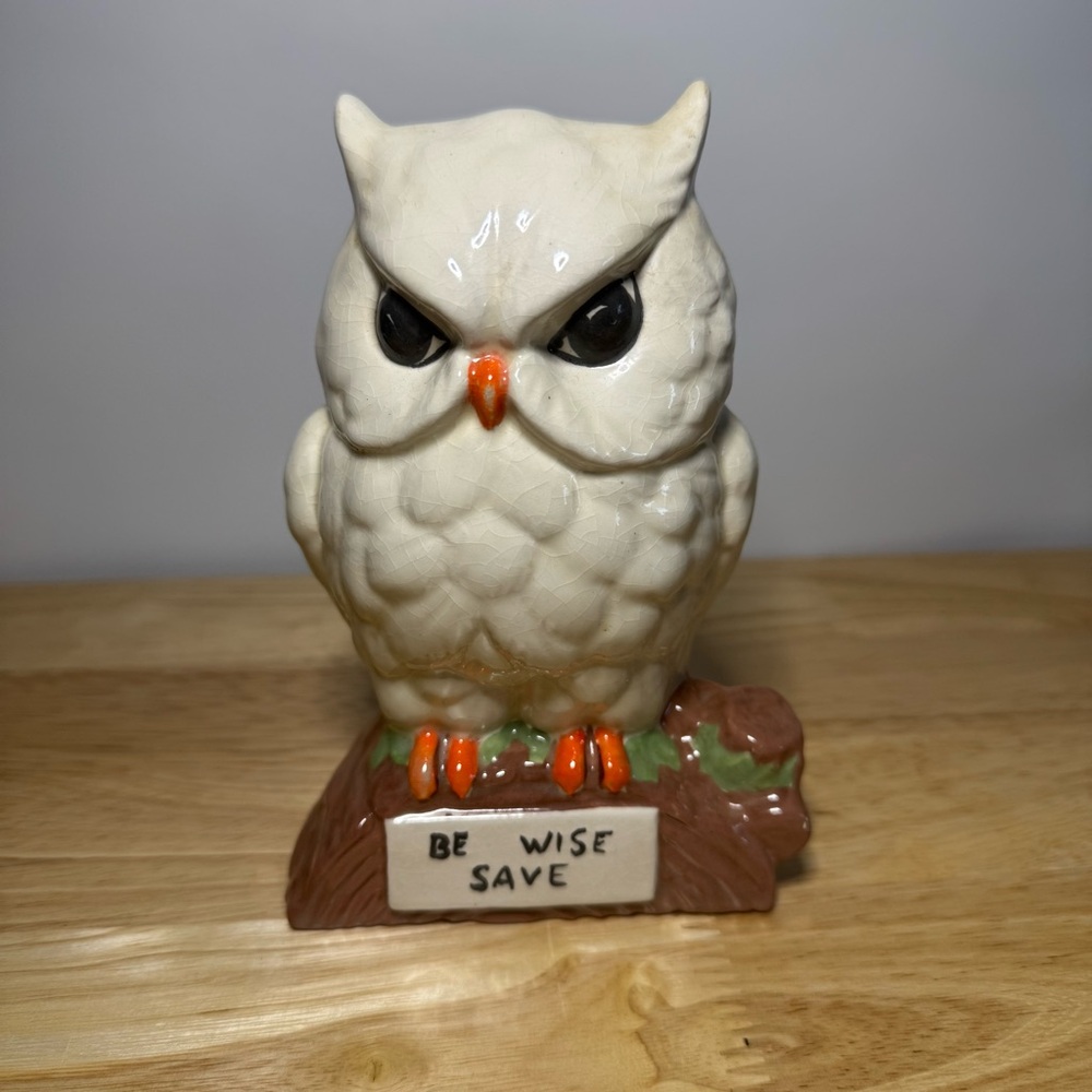 VTG Be Wise Save Owl Figurine Bank Flawed MCM Bookshelf Sitter Academia Kitsch